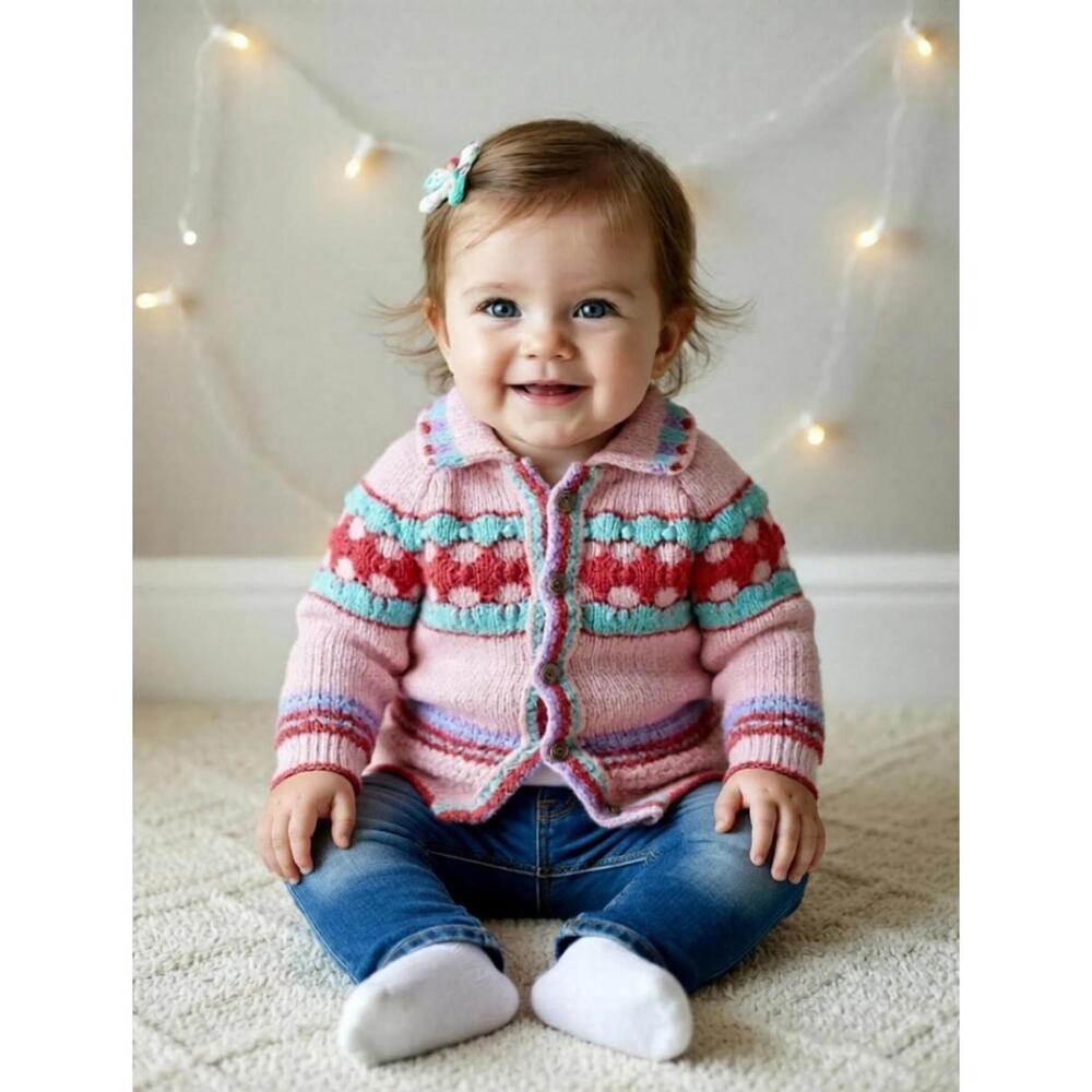 Girls Vintage Sweater Button Down Gems Cable Knit Sz 6 to 12 mo Kingsway 80s